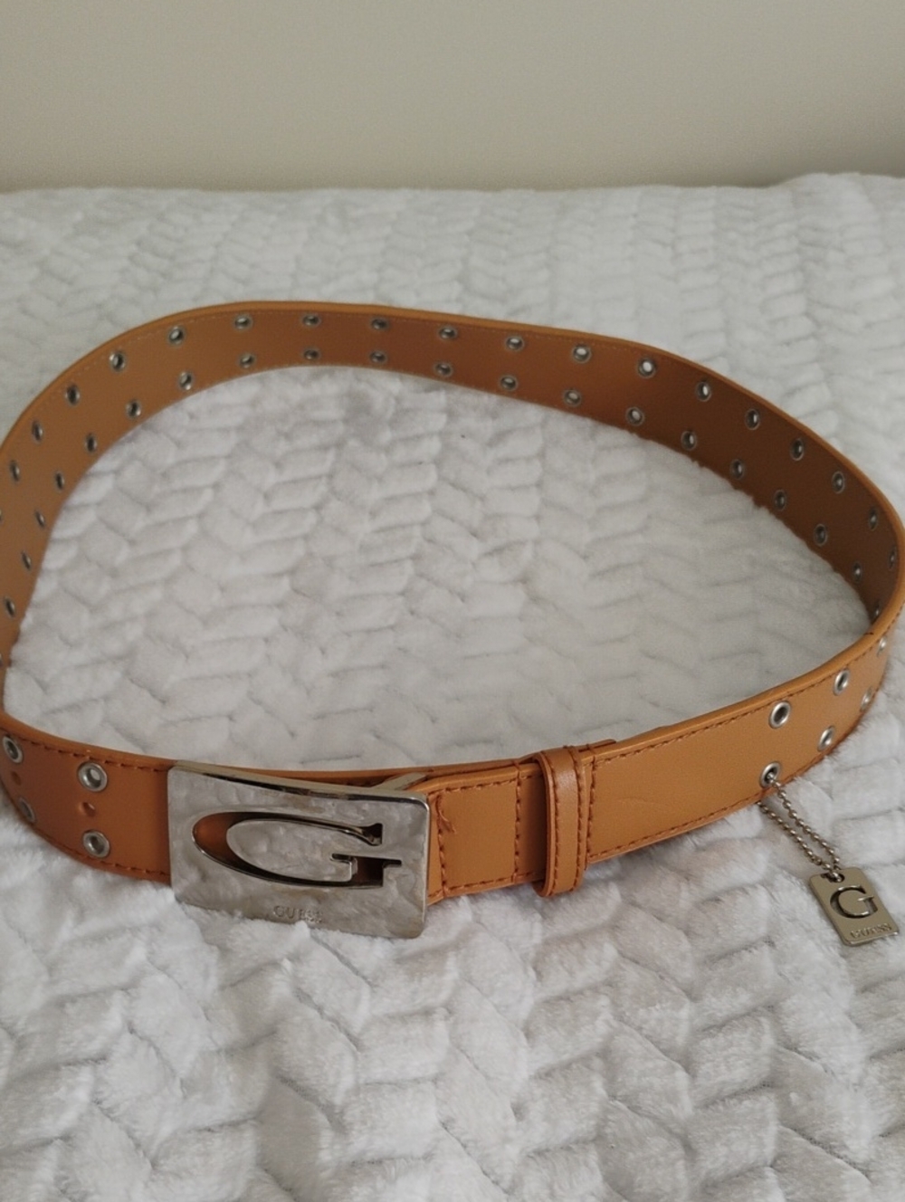 Guess Tan Leather Belt with Silver G Buckle